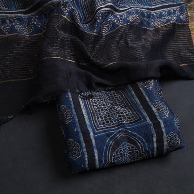 Blue - 2pc Block Print Linen Silk Ajrakh Dress Material 03
