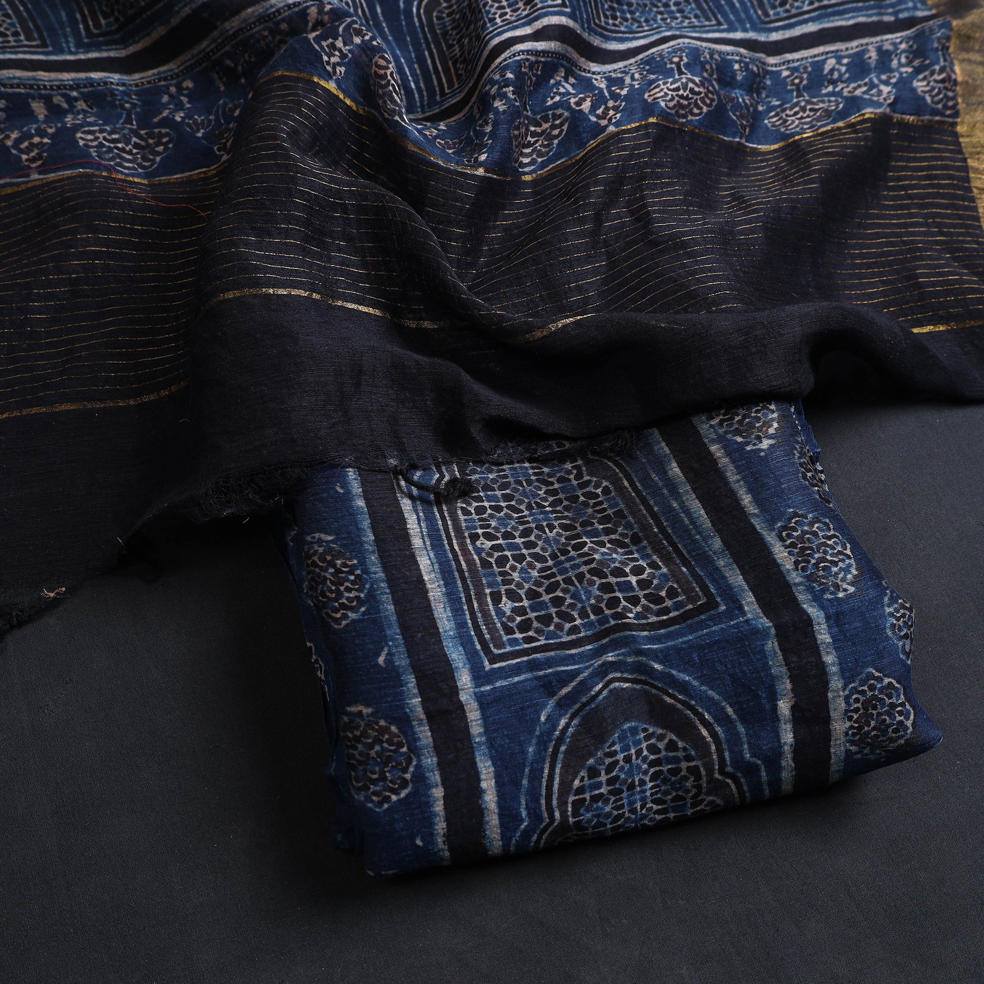 Blue - 2pc Block Print Linen Silk Ajrakh Dress Material 03