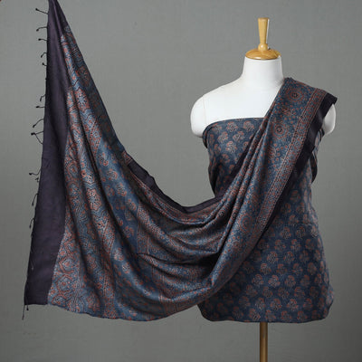 Blue - 2pc Block Print Tussar Silk Ajrakh Dress Material 29
