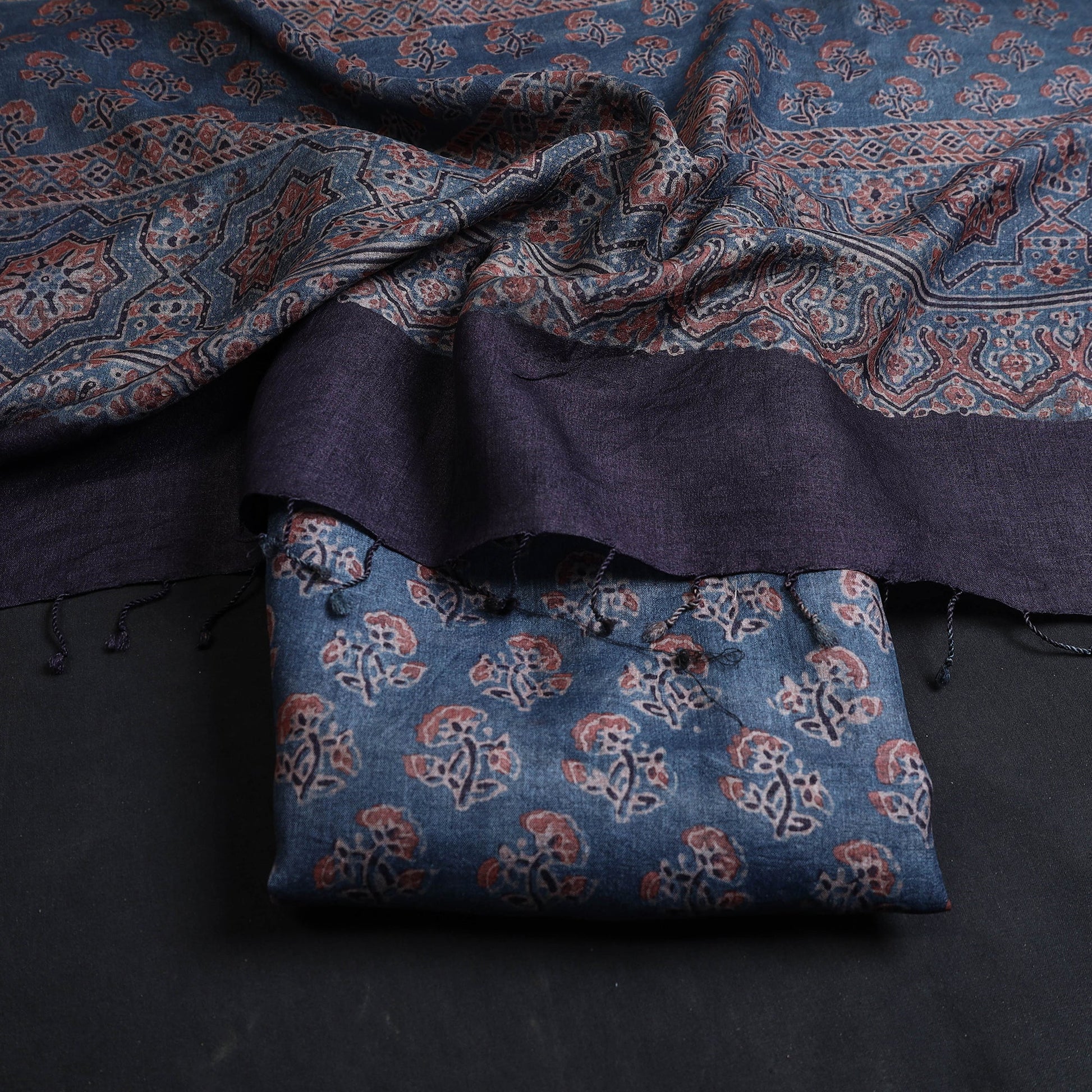 Blue - 2pc Block Print Tussar Silk Ajrakh Dress Material 29