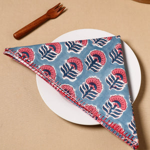 Blue - Floral Block Print Cotton Hand Embroidery Table Napkin 05