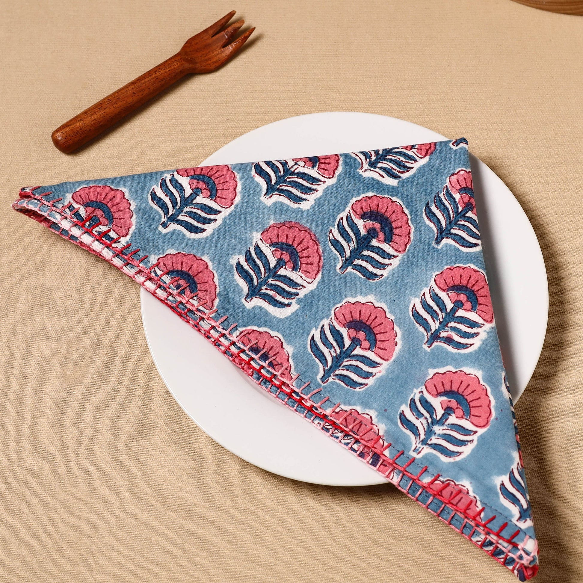 Blue - Floral Block Print Cotton Hand Embroidery Table Napkin 05
