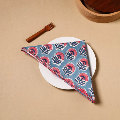 Blue - Floral Block Print Cotton Hand Embroidery Table Napkin 05