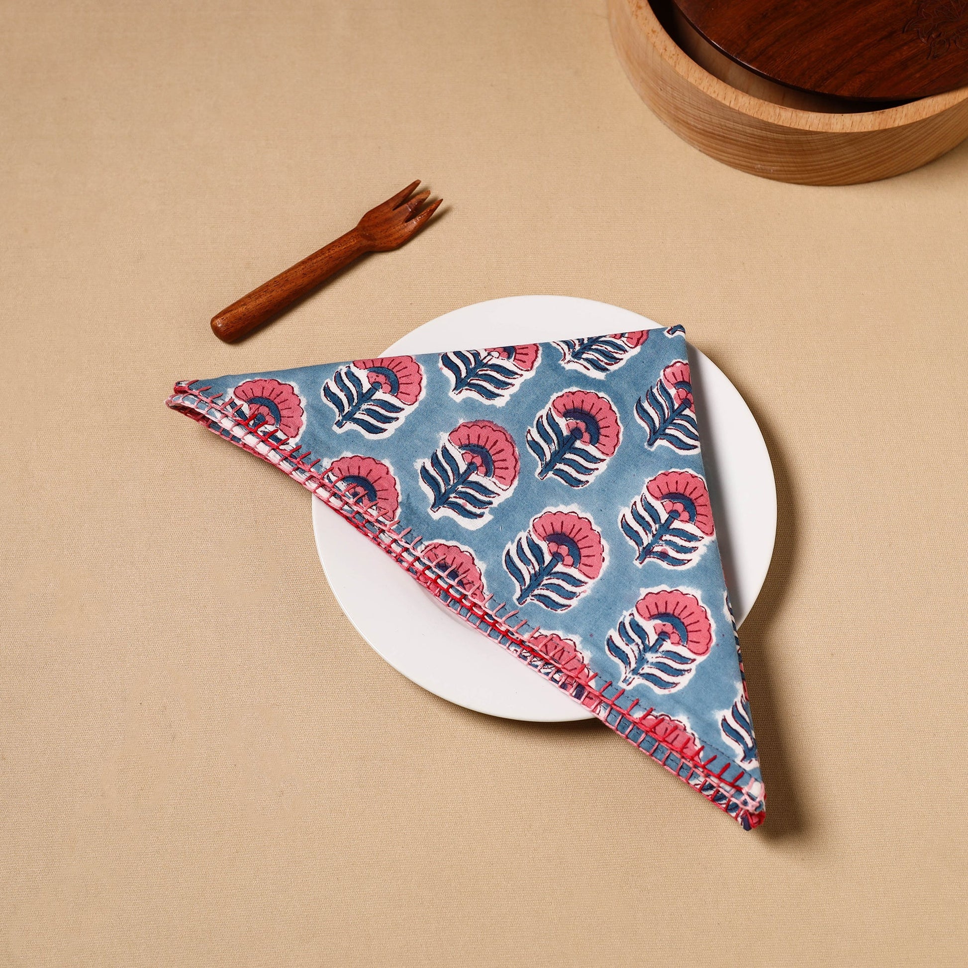 Blue - Floral Block Print Cotton Hand Embroidery Table Napkin 05