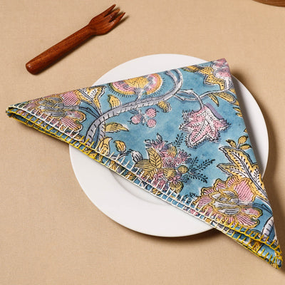 Blue - Floral Block Print Cotton Hand Embroidery Table Napkin 06