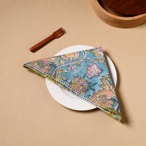 Blue - Floral Block Print Cotton Hand Embroidery Table Napkin 06