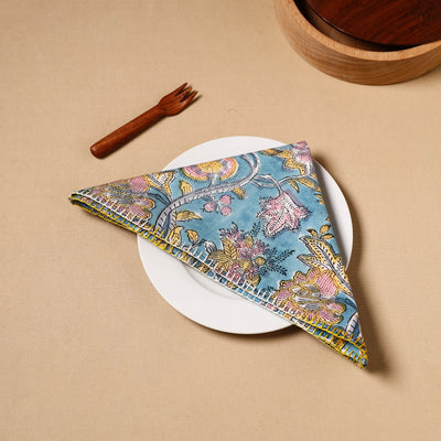 Blue - Floral Block Print Cotton Hand Embroidery Table Napkin 06