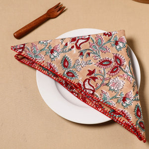 Brown - Floral Block Print Cotton Hand Embroidery Table Napkin 13