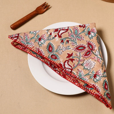 Brown - Floral Block Print Cotton Hand Embroidery Table Napkin 13