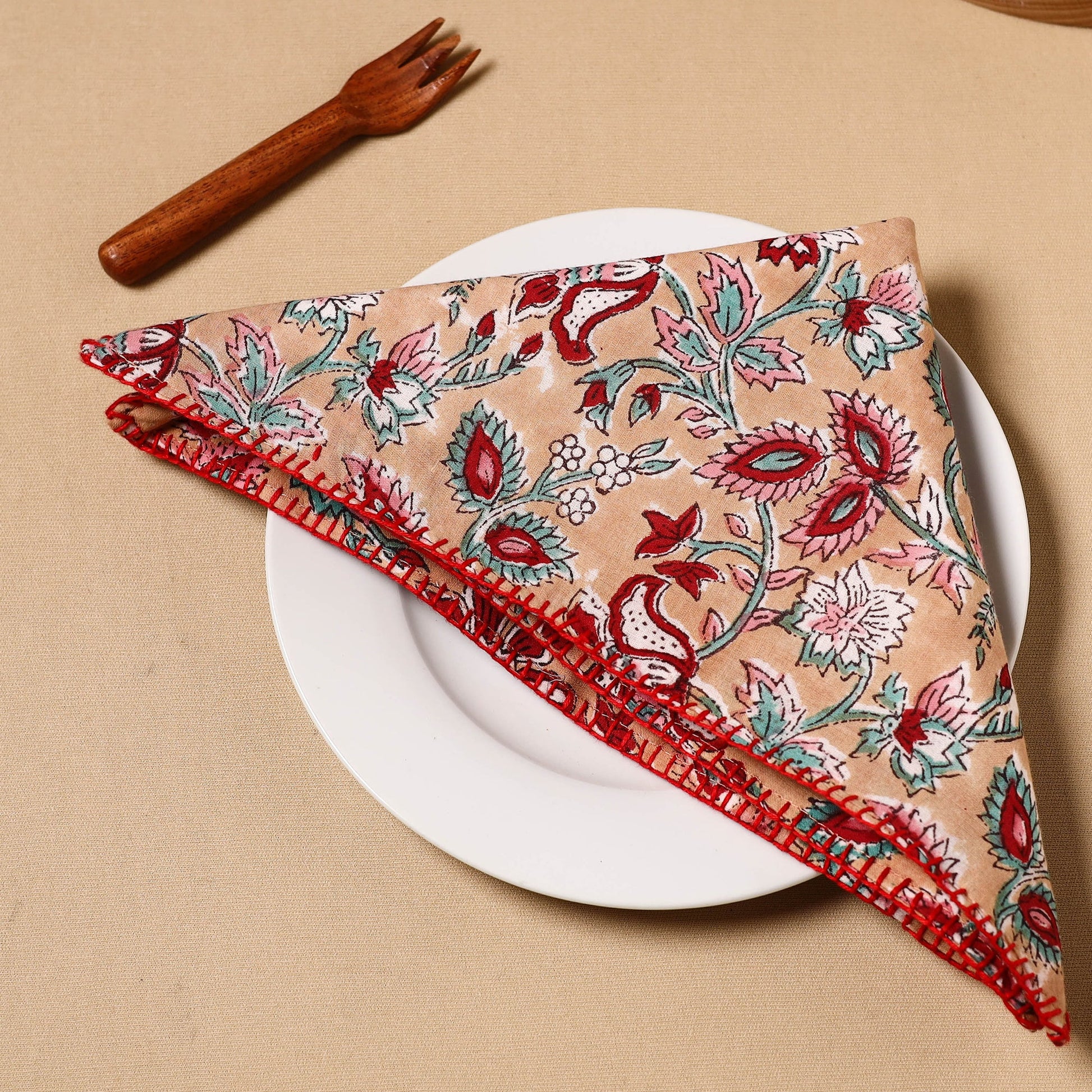Brown - Floral Block Print Cotton Hand Embroidery Table Napkin 13