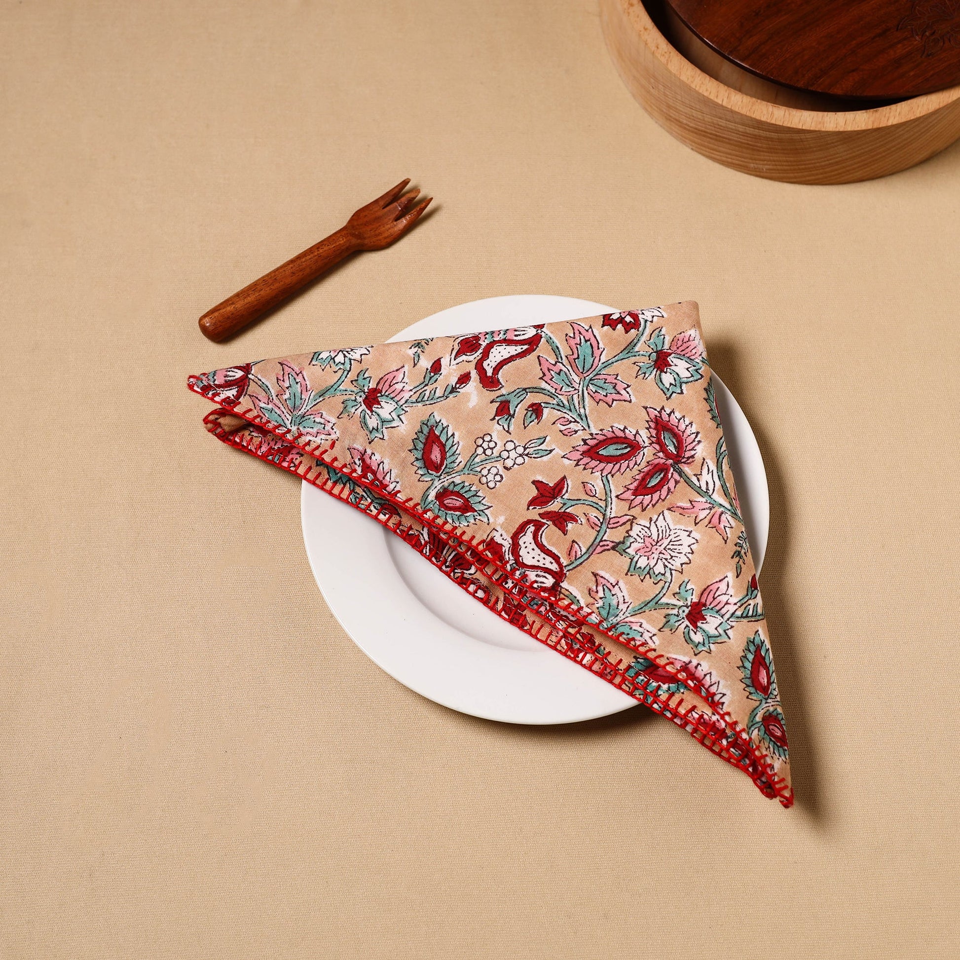 Brown - Floral Block Print Cotton Hand Embroidery Table Napkin 13