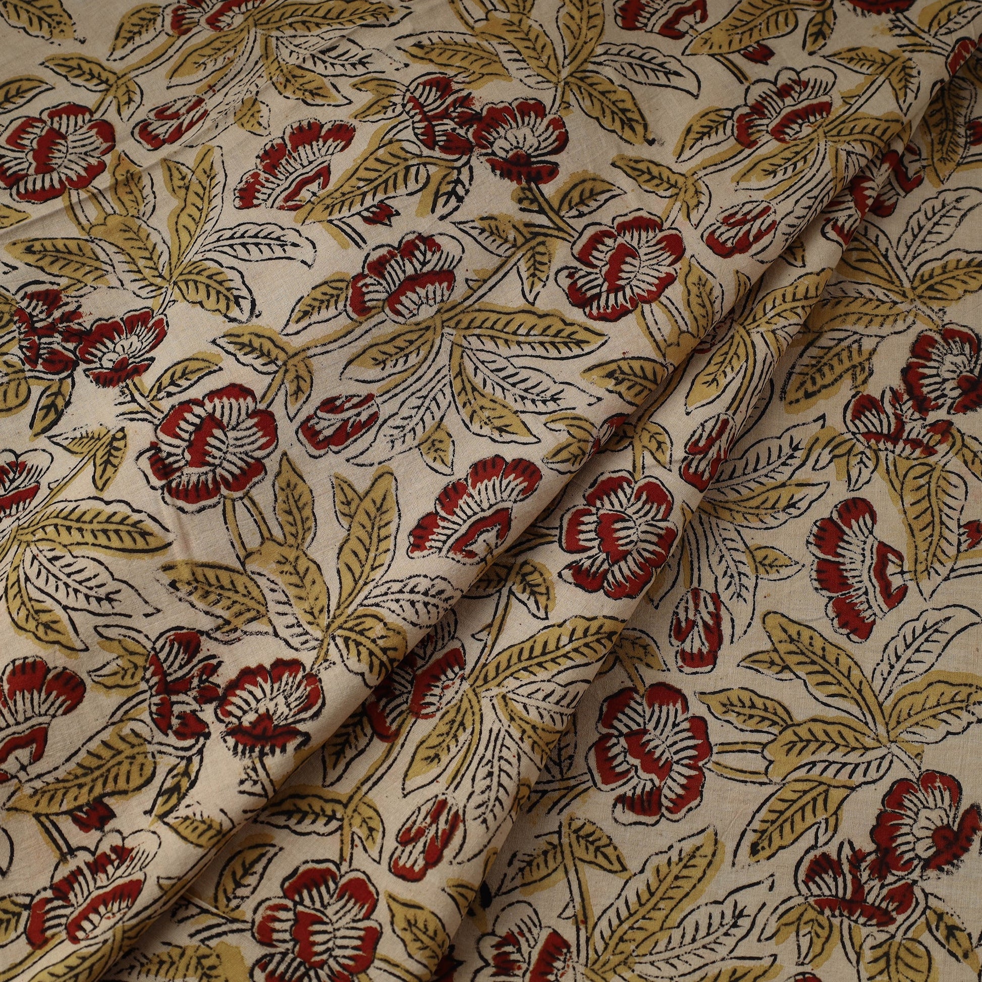 Beige - Pedana Block Printed Cotton Kalamkari Fabric 02