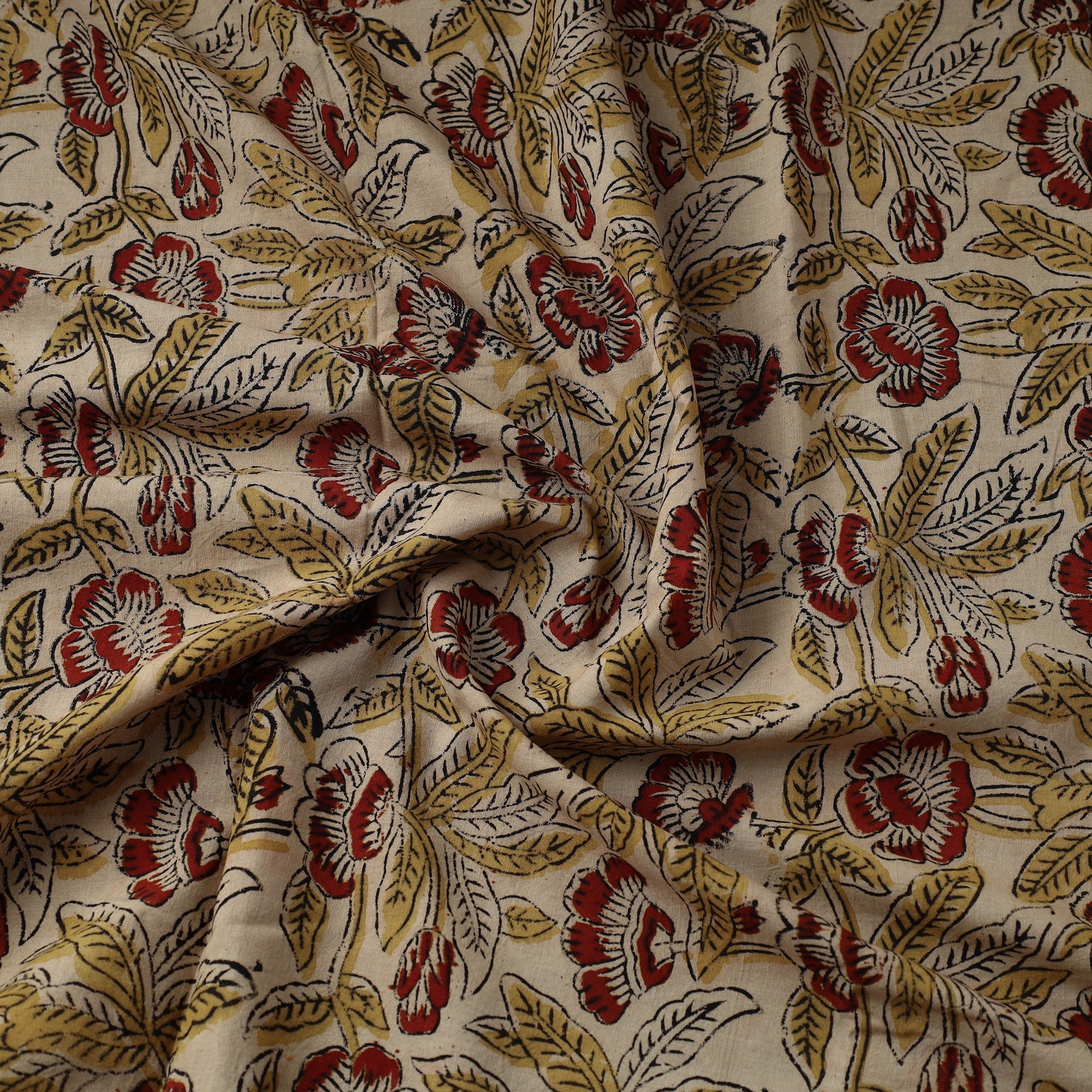 Beige - Pedana Block Printed Cotton Kalamkari Fabric 02