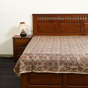 Beige - Block Print Cotton Pedana Kalamkari Bed Sheet 01