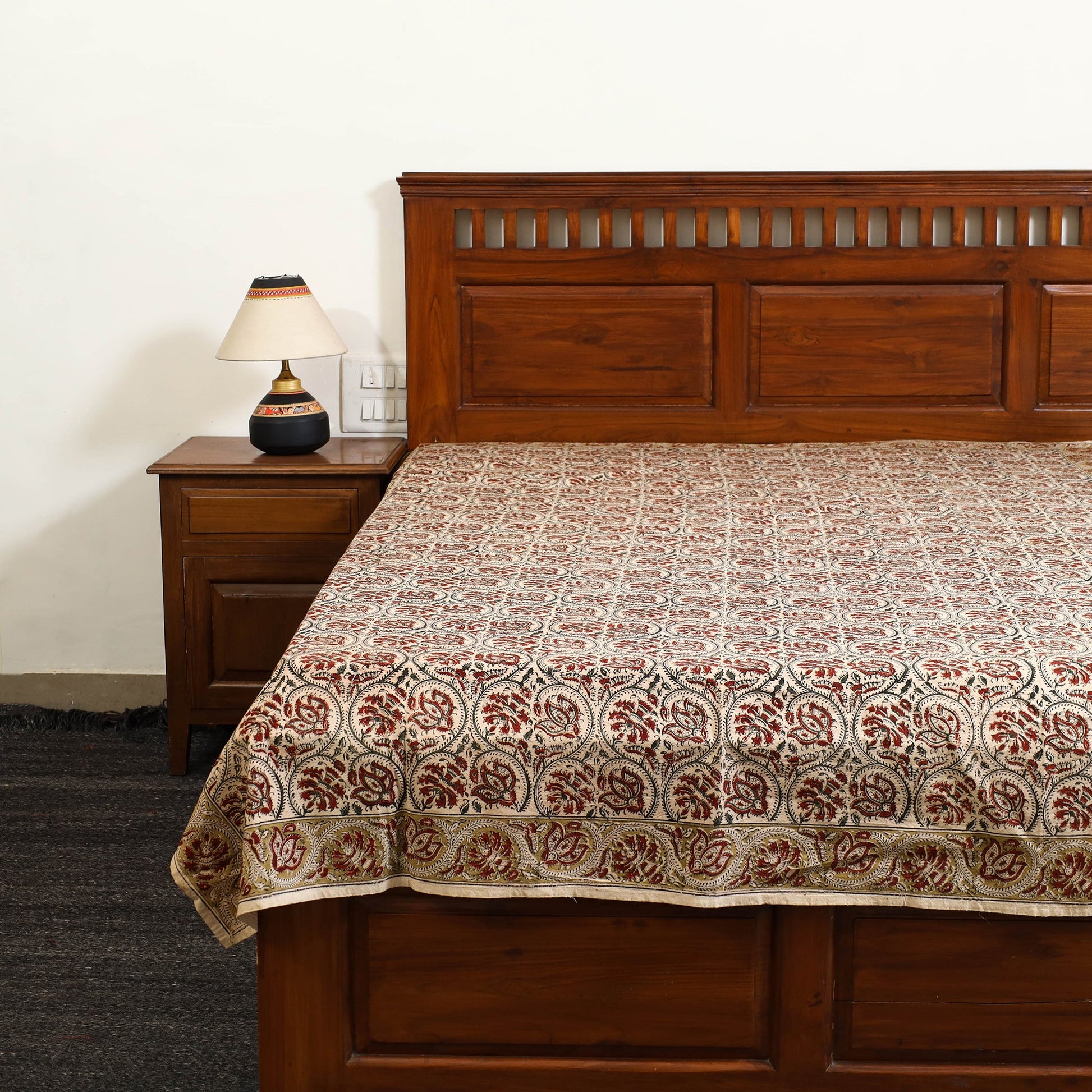Beige - Block Print Cotton Pedana Kalamkari Bed Sheet 01