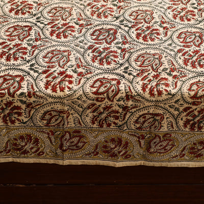 Beige - Block Print Cotton Pedana Kalamkari Bed Sheet 01