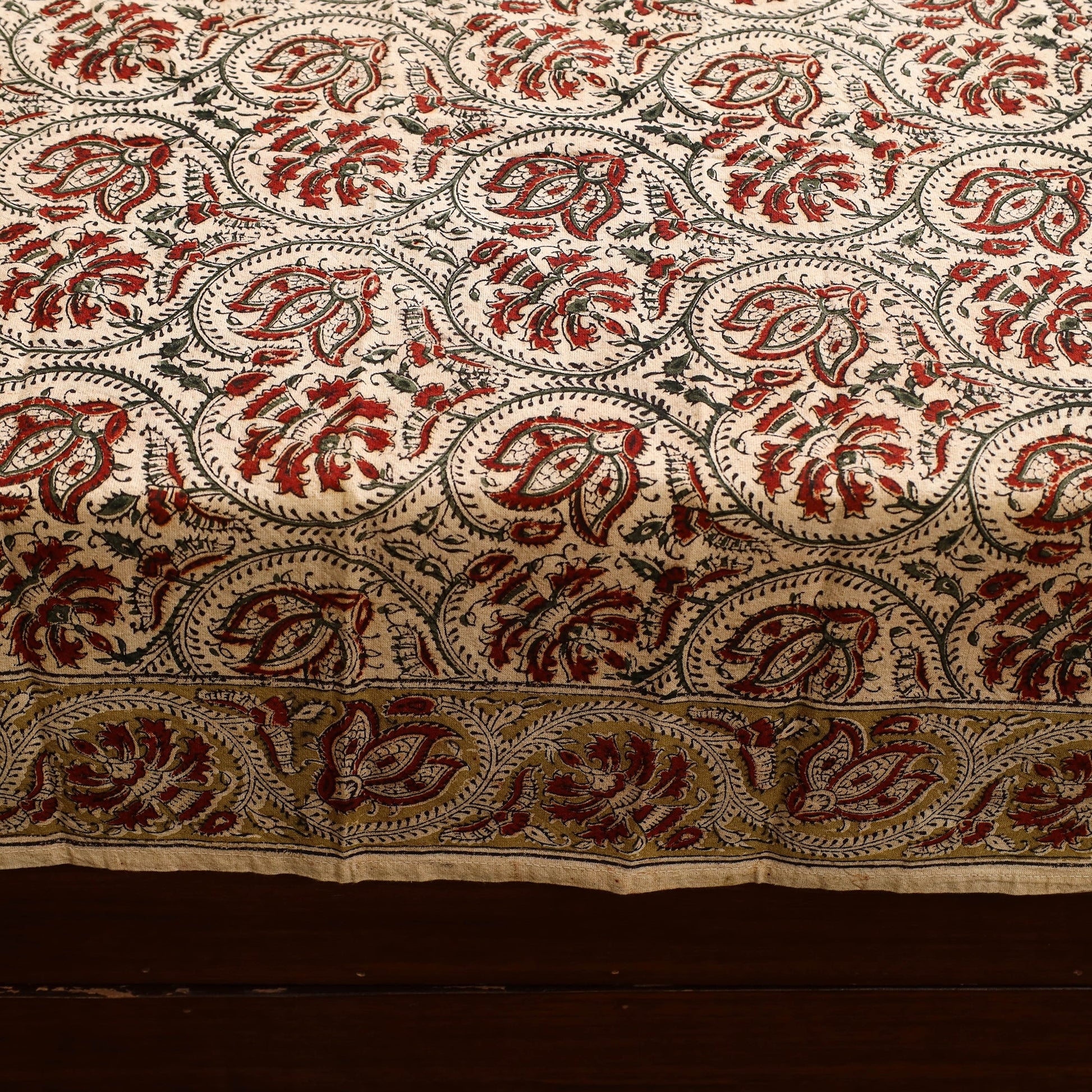 Beige - Block Print Cotton Pedana Kalamkari Bed Sheet 01