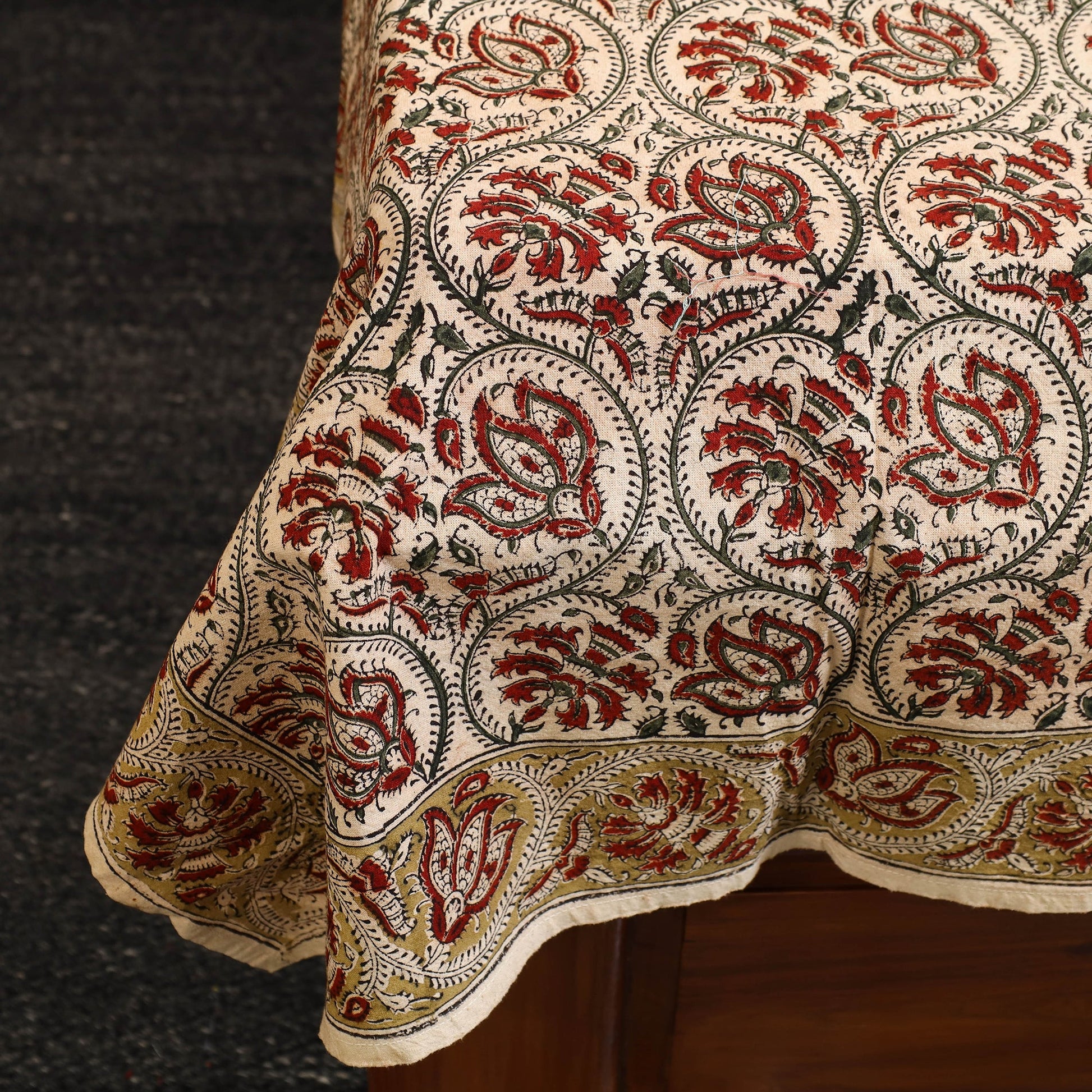 Beige - Block Print Cotton Pedana Kalamkari Bed Sheet 01
