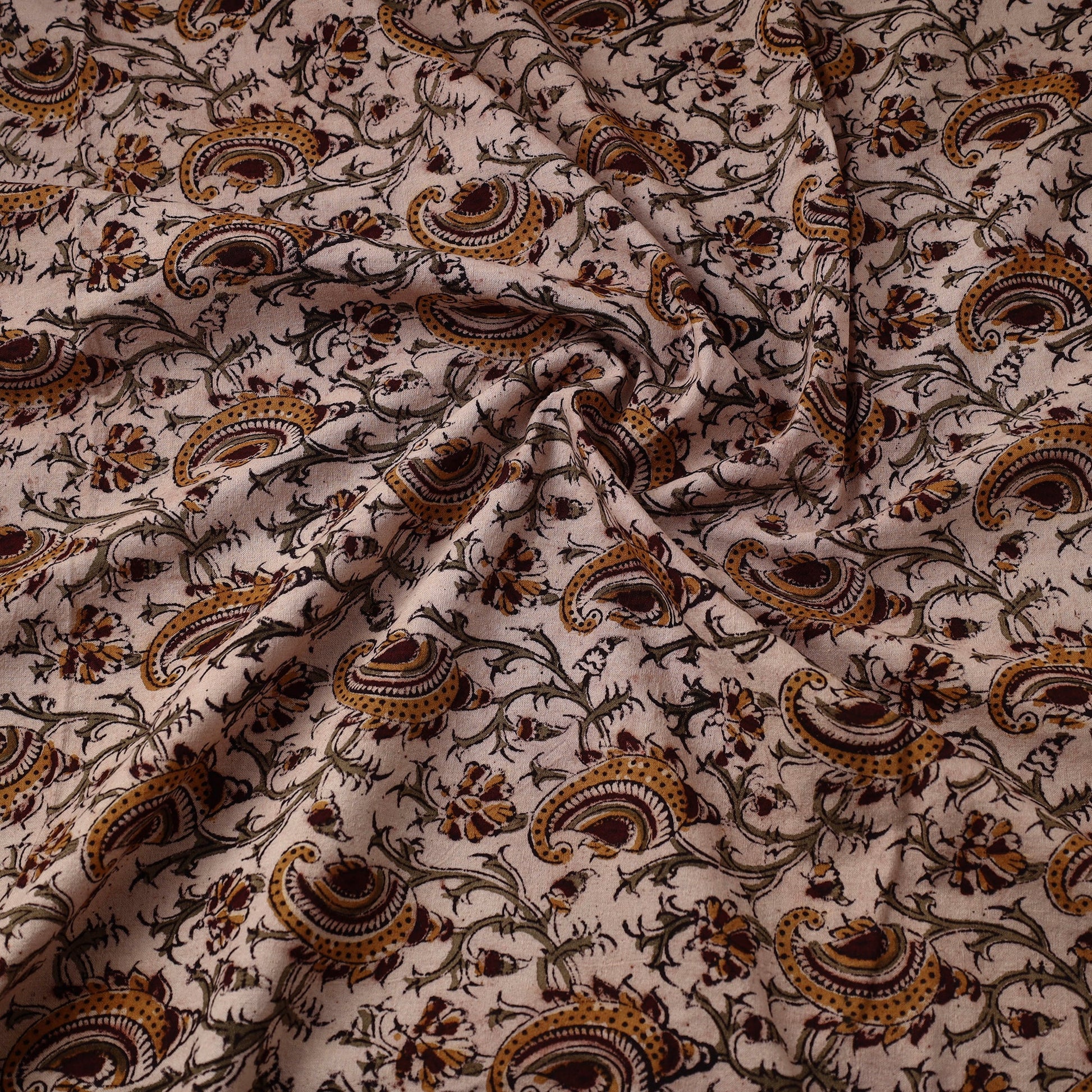 Beige - Pedana Block Printed Cotton Kalamkari Fabric 08