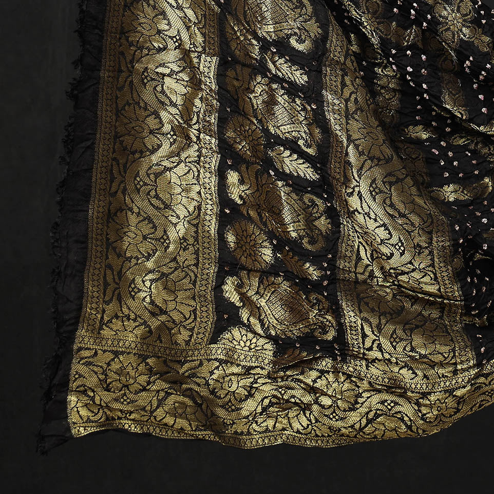 Brown - 3pc Kutch Bandhani Tie & Dye Jacquard Silk Heavy Zari Work Suit Material Set
