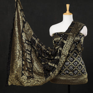 Brown - 3pc Kutch Bandhani Tie & Dye Jacquard Silk Heavy Zari Work Suit Material Set