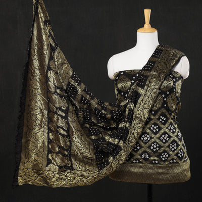 Brown - 3pc Kutch Bandhani Tie & Dye Jacquard Silk Heavy Zari Work Suit Material Set