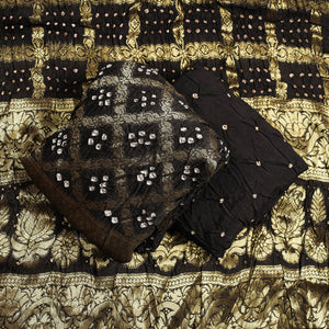 Brown - 3pc Kutch Bandhani Tie & Dye Jacquard Silk Heavy Zari Work Suit Material Set