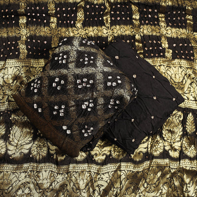 Brown - 3pc Kutch Bandhani Tie & Dye Jacquard Silk Heavy Zari Work Suit Material Set
