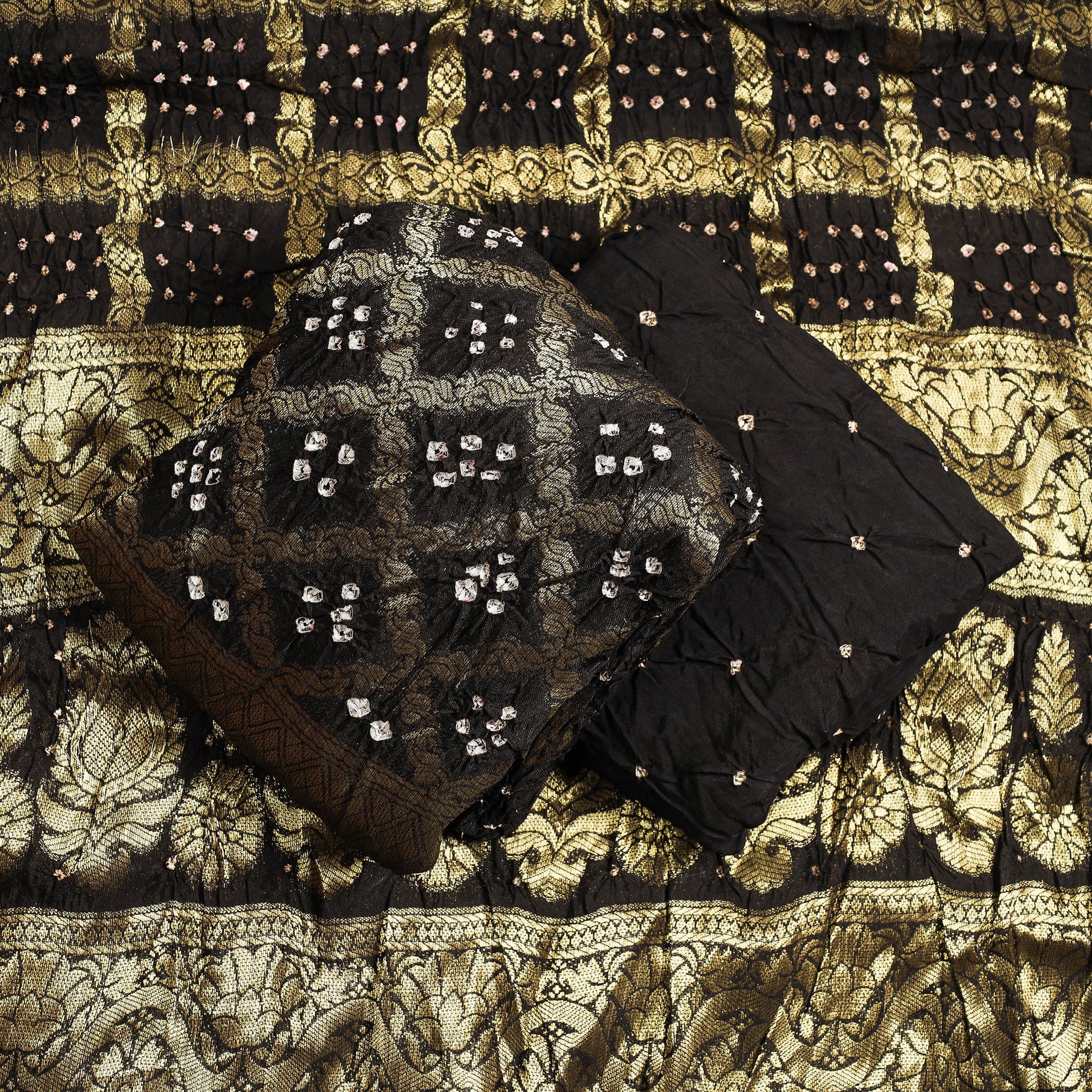Brown - 3pc Kutch Bandhani Tie & Dye Jacquard Silk Heavy Zari Work Suit Material Set
