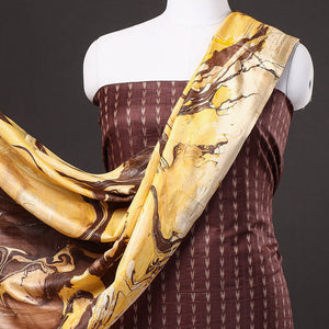 Brown - 3pc Handloom Mulberry Suit Material Set with Banana Silk Marble Printed Dupatta