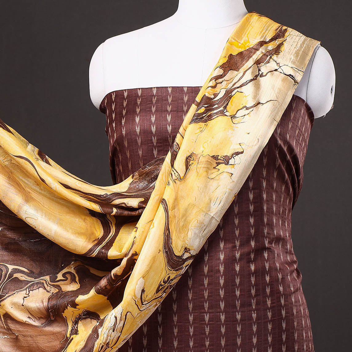 Brown - 3pc Handloom Mulberry Suit Material Set with Banana Silk Marble Printed Dupatta