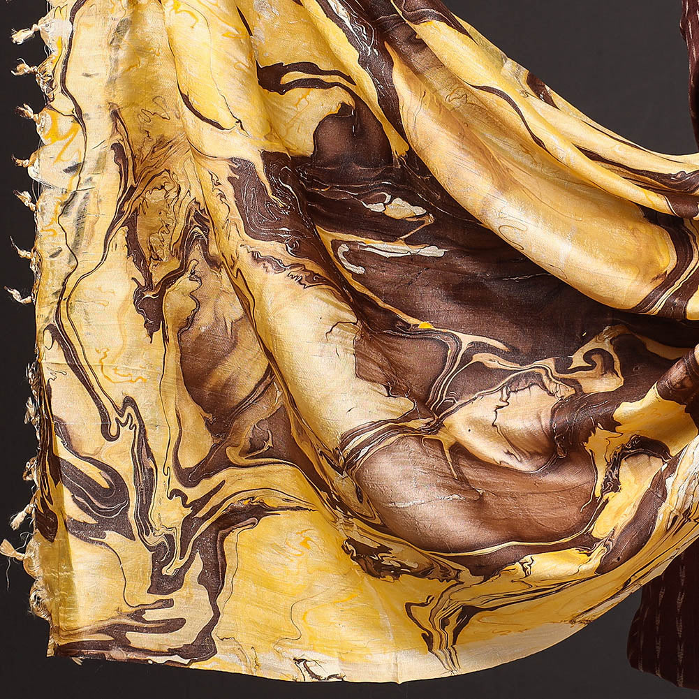 Brown - 3pc Handloom Mulberry Suit Material Set with Banana Silk Marble Printed Dupatta