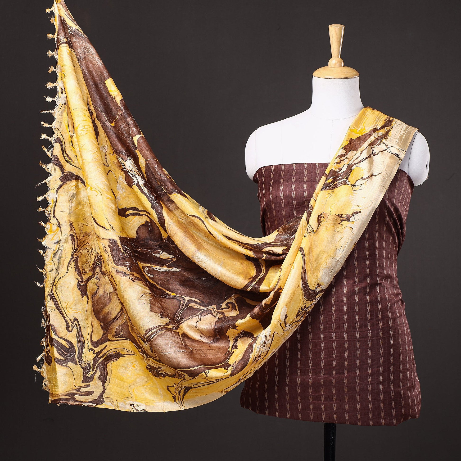 Brown - 3pc Handloom Mulberry Suit Material Set with Banana Silk Marble Printed Dupatta