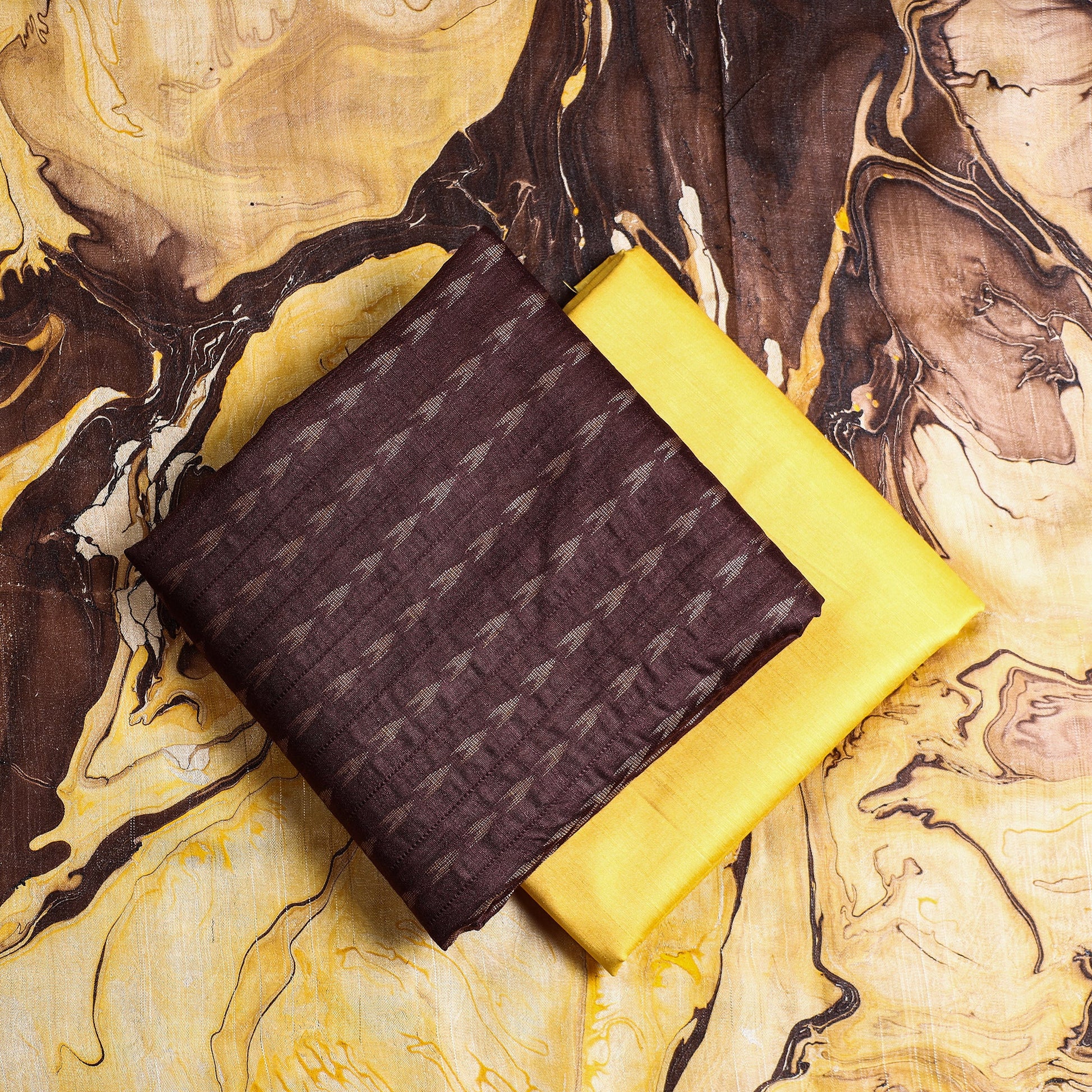 Brown - 3pc Handloom Mulberry Suit Material Set with Banana Silk Marble Printed Dupatta