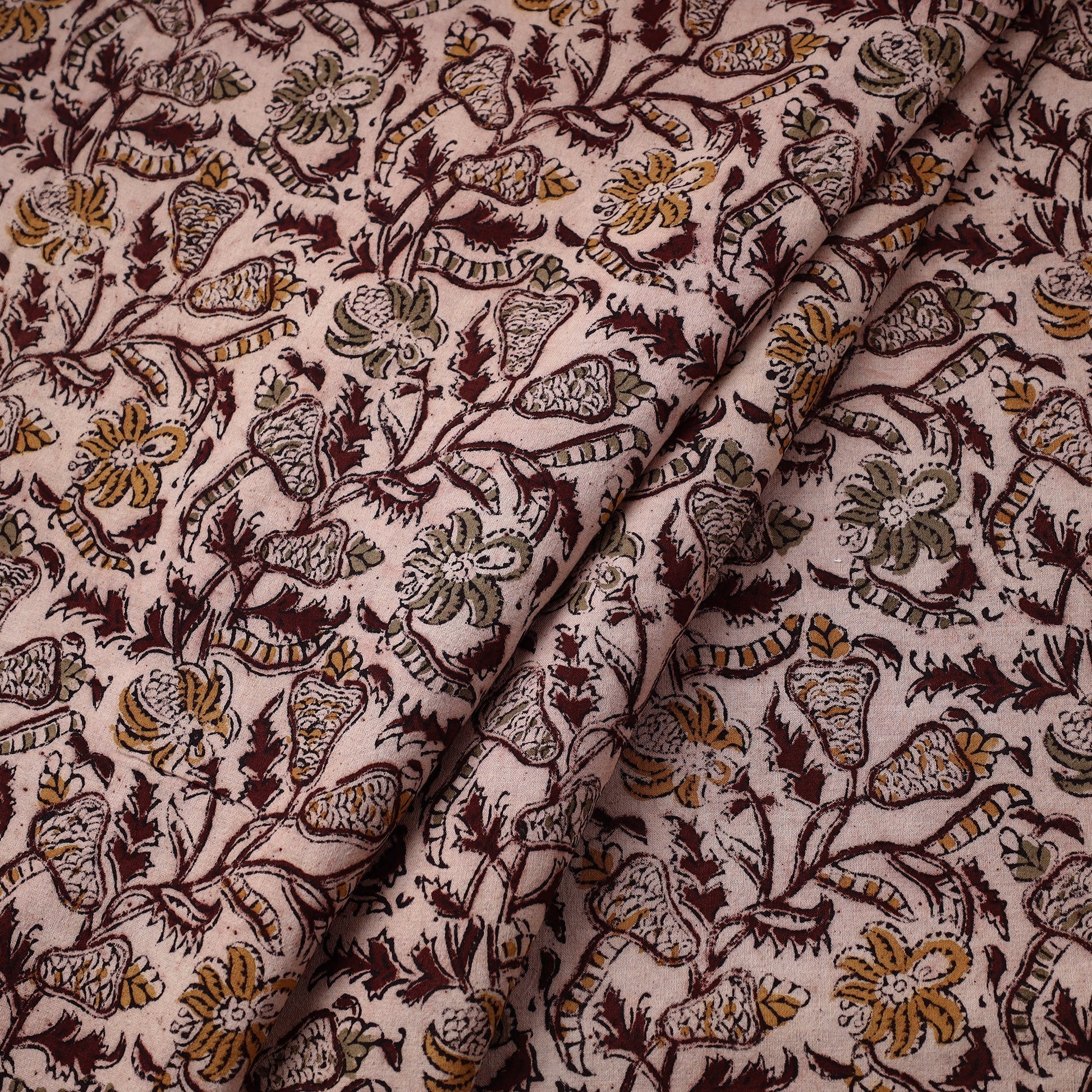 Beige - Pedana Block Printed Cotton Kalamkari Fabric 14