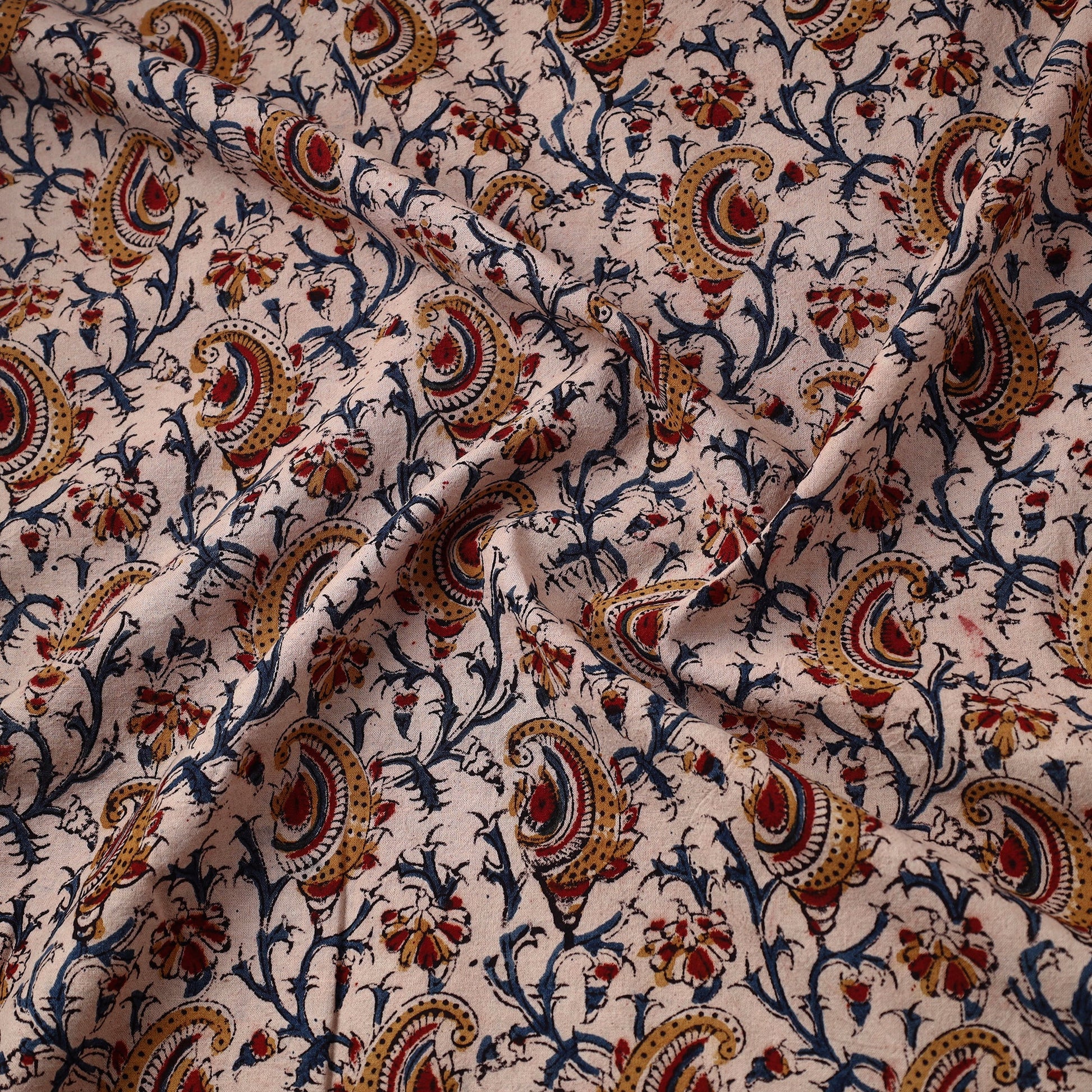 Beige - Pedana Block Printed Cotton Kalamkari Fabric 16