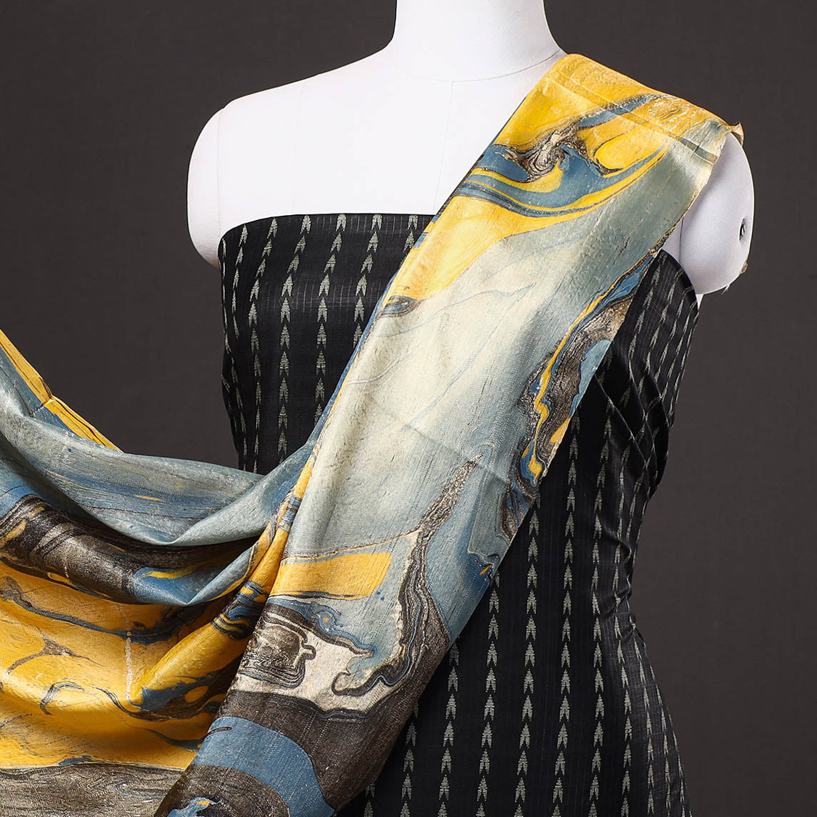 Black - 3pc Handloom Mulberry Suit Material Set with Banana Silk Marble Printed Dupatta