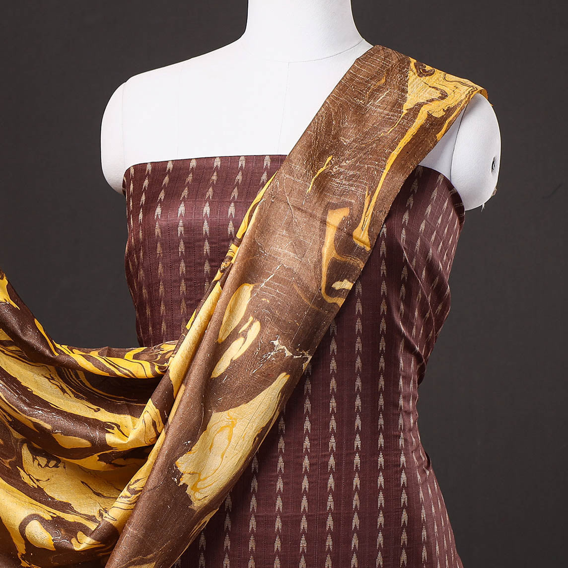 Brown - 3pc Handloom Mulberry Suit Material Set with Banana Silk Marble Printed Dupatta