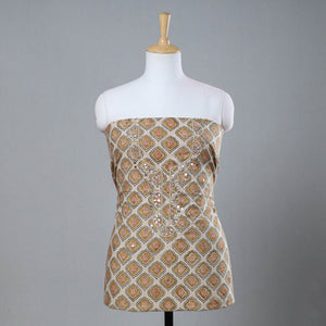 Beige - Bead Work Embroidery Kalamkari Block Printed Cotton Kurta Material - 2.6 meter