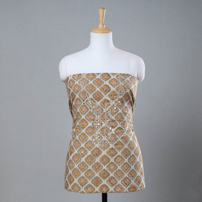 Beige - Bead Work Embroidery Kalamkari Block Printed Cotton Kurta Material - 2.6 meter
