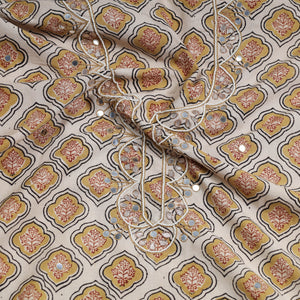 Beige - Bead Work Embroidery Kalamkari Block Printed Cotton Kurta Material - 2.6 meter