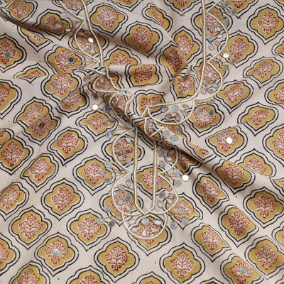 Beige - Bead Work Embroidery Kalamkari Block Printed Cotton Kurta Material - 2.6 meter