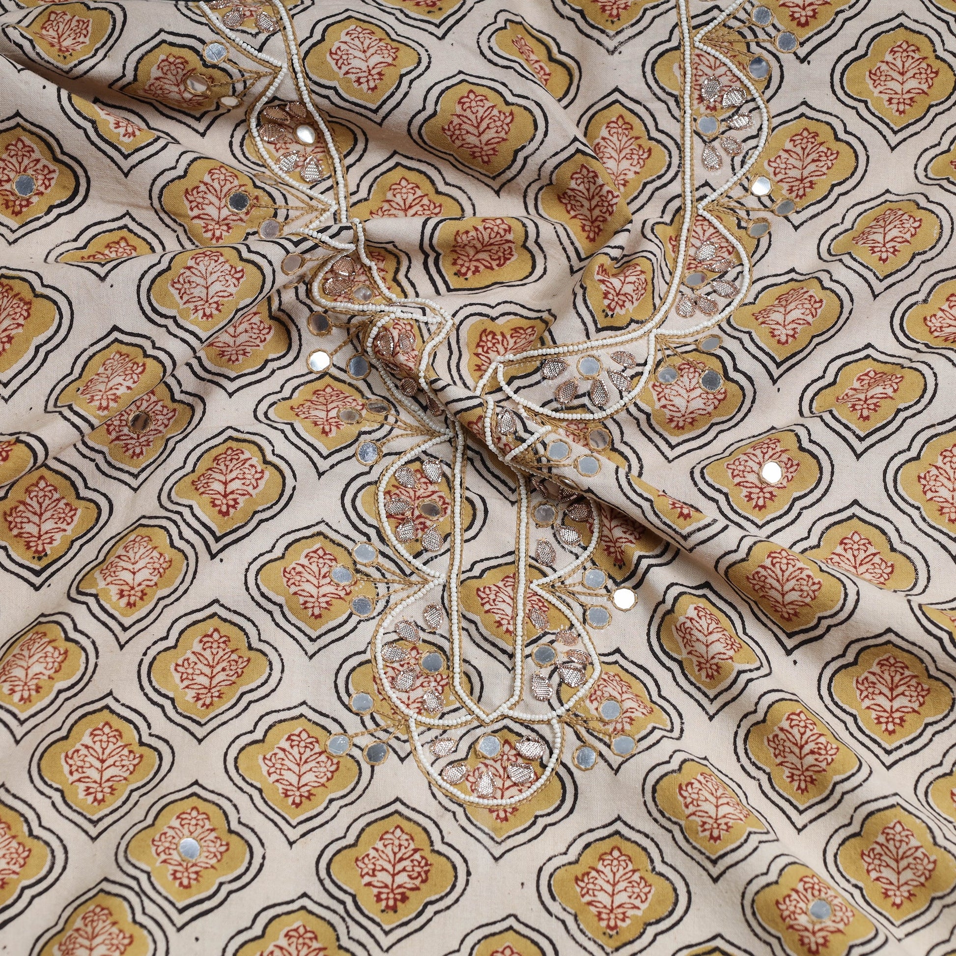 Beige - Bead Work Embroidery Kalamkari Block Printed Cotton Kurta Material - 2.6 meter