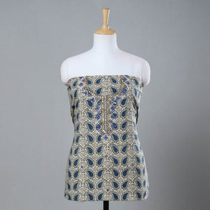 Beige - Bead Work Embroidery Kalamkari Block Printed Cotton Kurta Material - 2.6 meter