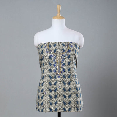 Beige - Bead Work Embroidery Kalamkari Block Printed Cotton Kurta Material - 2.6 meter