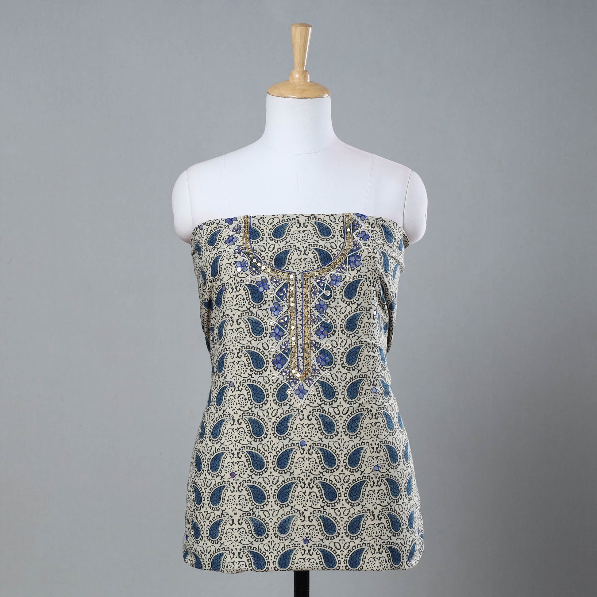 Beige - Bead Work Embroidery Kalamkari Block Printed Cotton Kurta Material - 2.6 meter