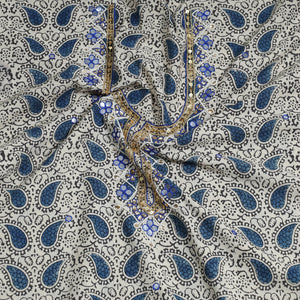 Beige - Bead Work Embroidery Kalamkari Block Printed Cotton Kurta Material - 2.6 meter