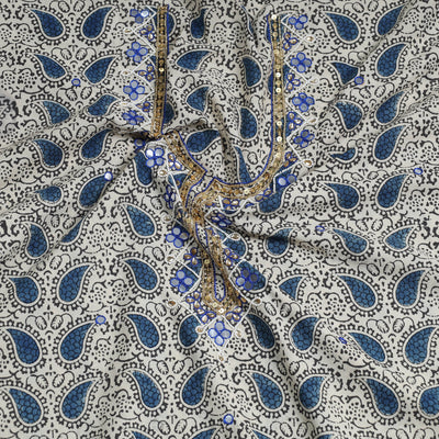 Beige - Bead Work Embroidery Kalamkari Block Printed Cotton Kurta Material - 2.6 meter