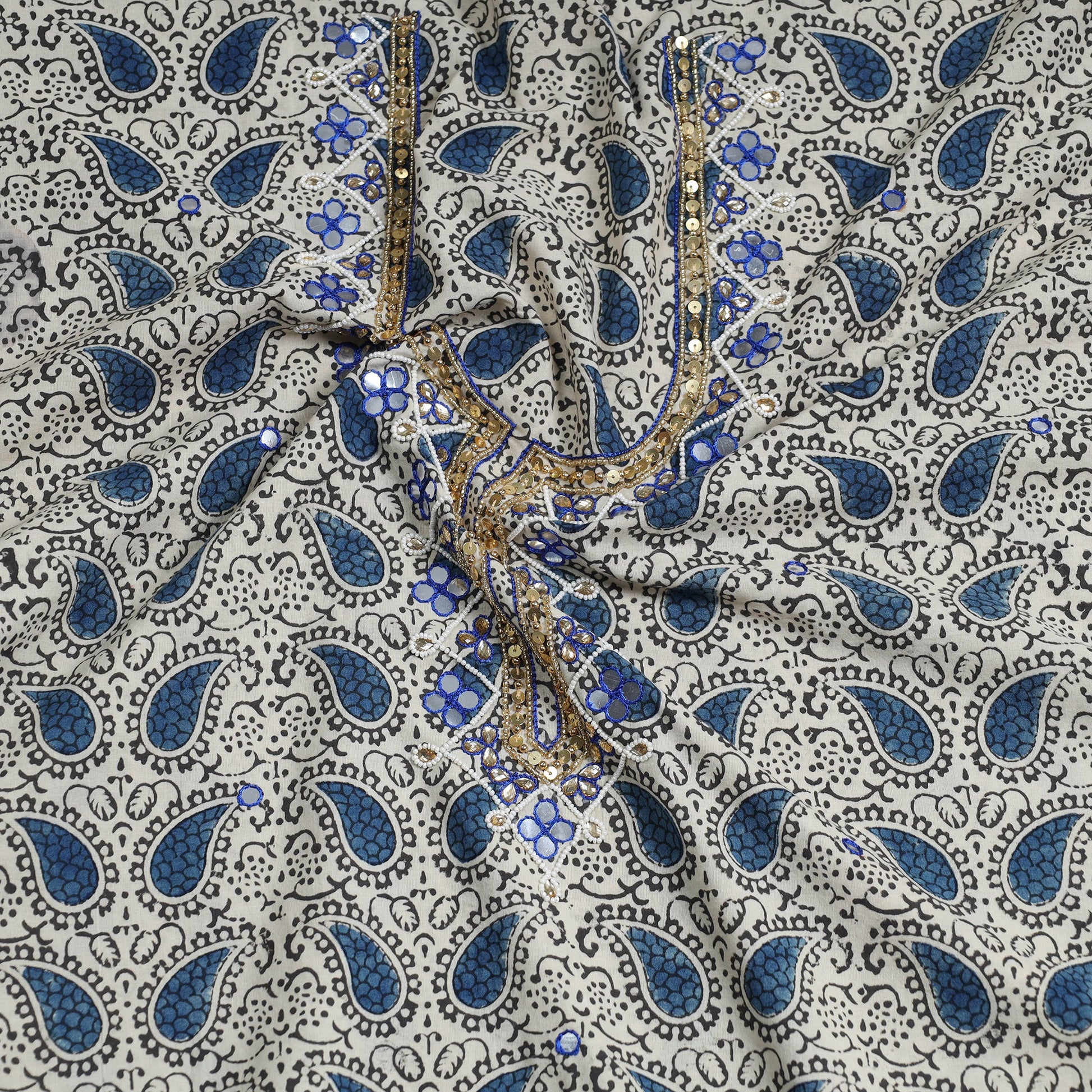 Beige - Bead Work Embroidery Kalamkari Block Printed Cotton Kurta Material - 2.6 meter
