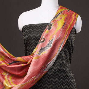 Black - 3pc Handloom Mulberry Suit Material Set with Banana Silk Marble Printed Dupatta